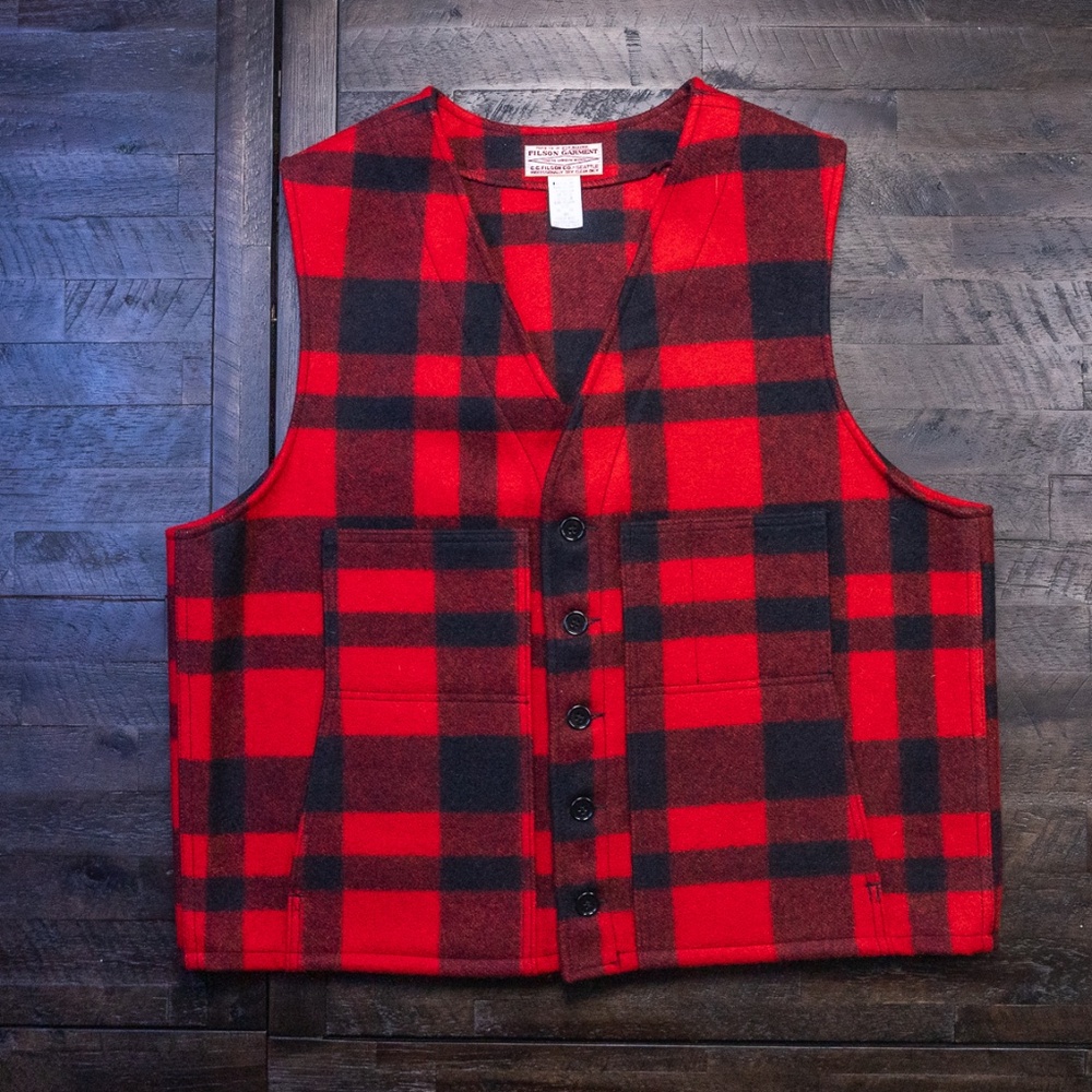 Vintage Filson Vest Red Buffalo Plaid Vest XL Size 50 100% Wool Made in USA.